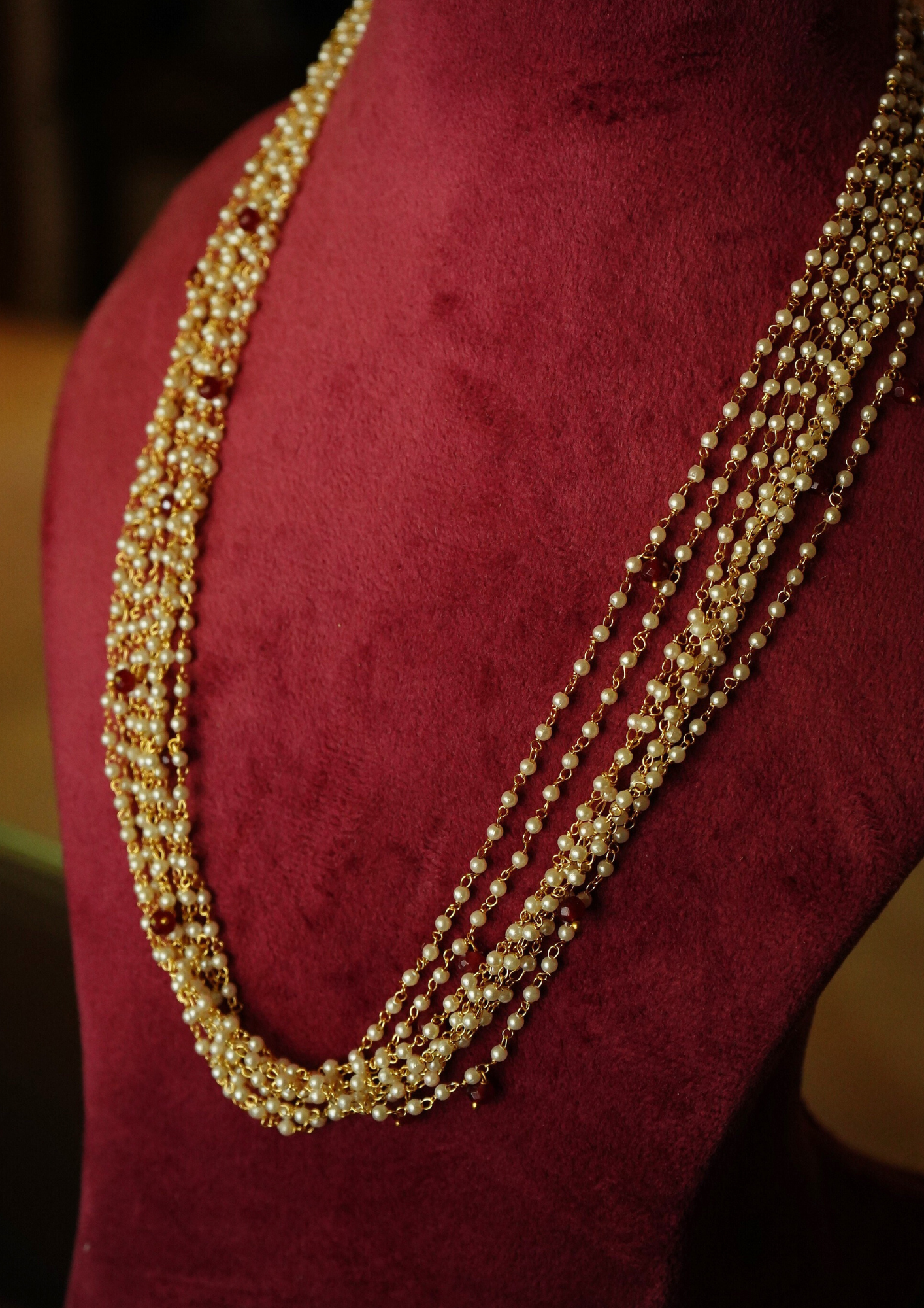 Cluster of Pearls Brass Necklace (Red)