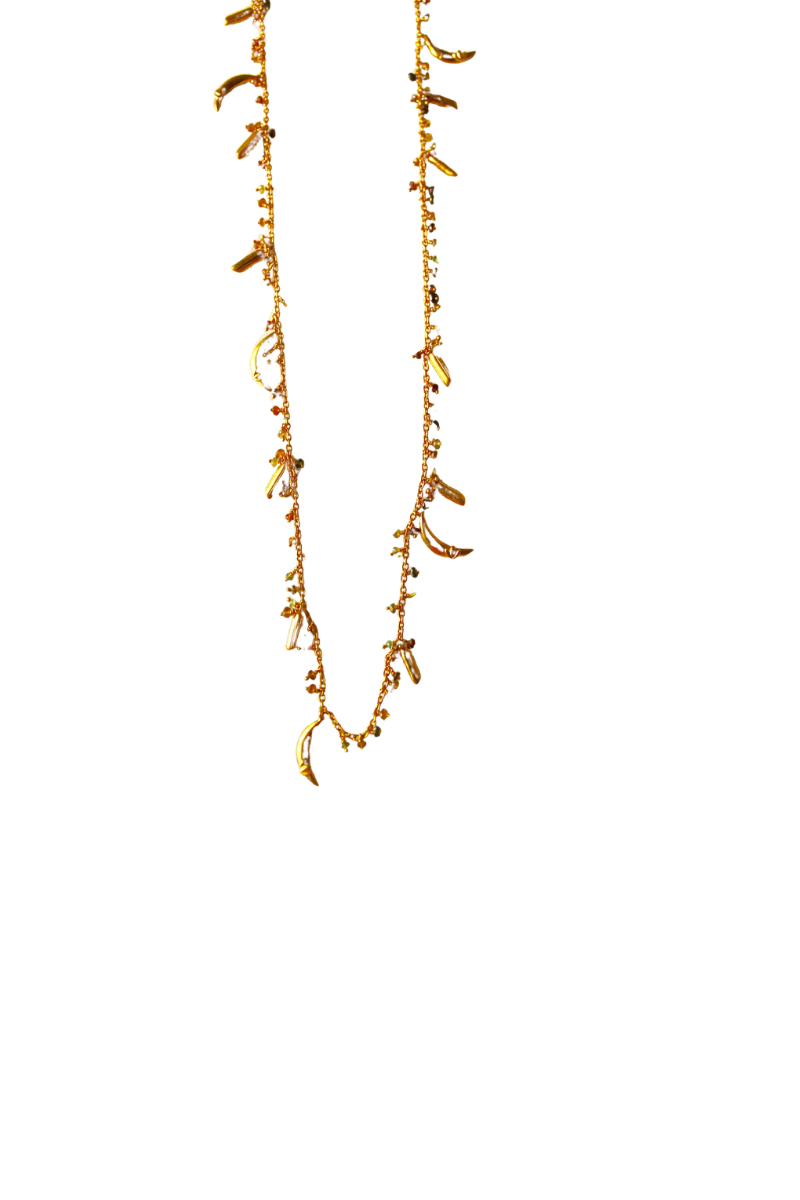 Bheeja Long Necklace with Rice Grains, Crescent Moons & Tourmaline Beads- Gold Plated