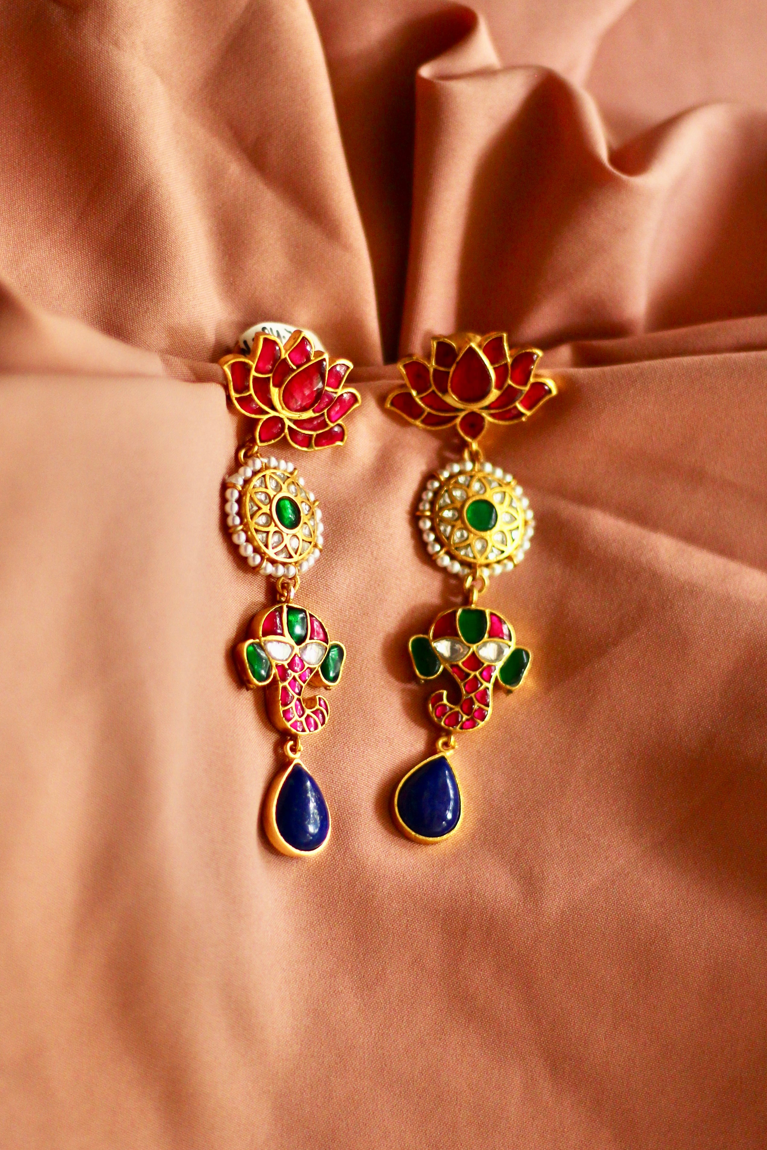 The Gayatri Lotus Ganesha Lapis Jadau Celebration Earrings