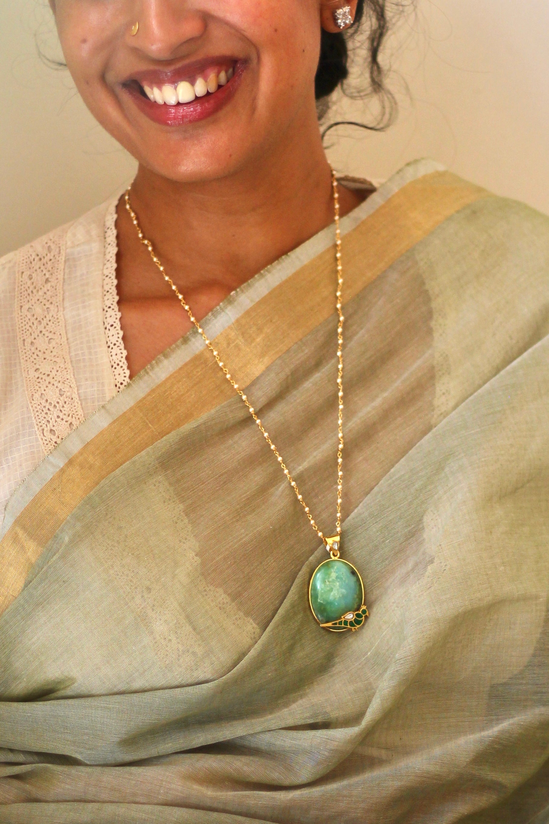 Malini Green Parrot In A Sea of Green Jadau Pendant