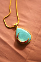 Load image into Gallery viewer, Aanya Pink Jadau Crescent on a Turquoise Drop (Wide) Pendant
