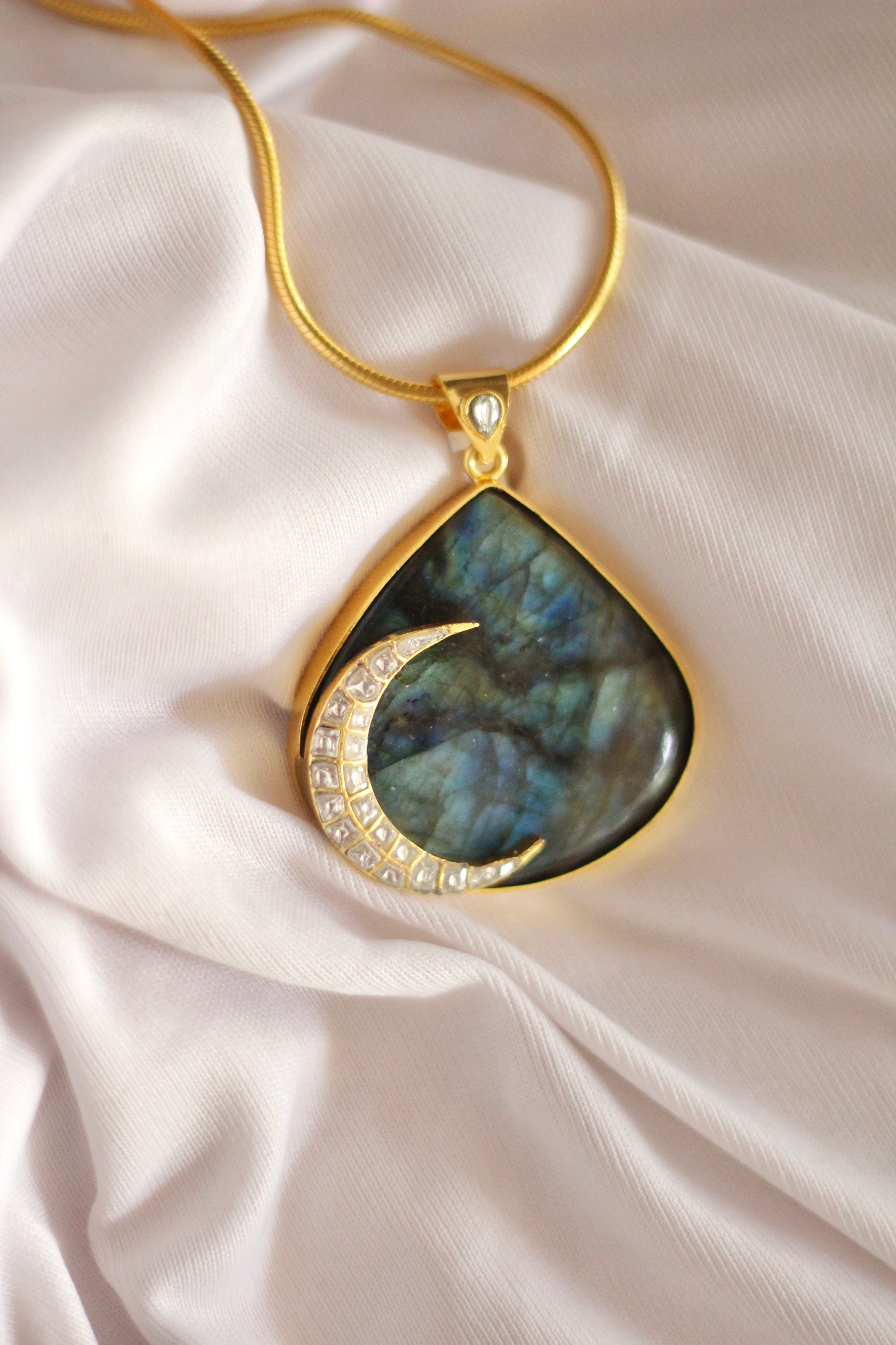 Kamini Jadau Crescent on a Labradorite Drop Pendant