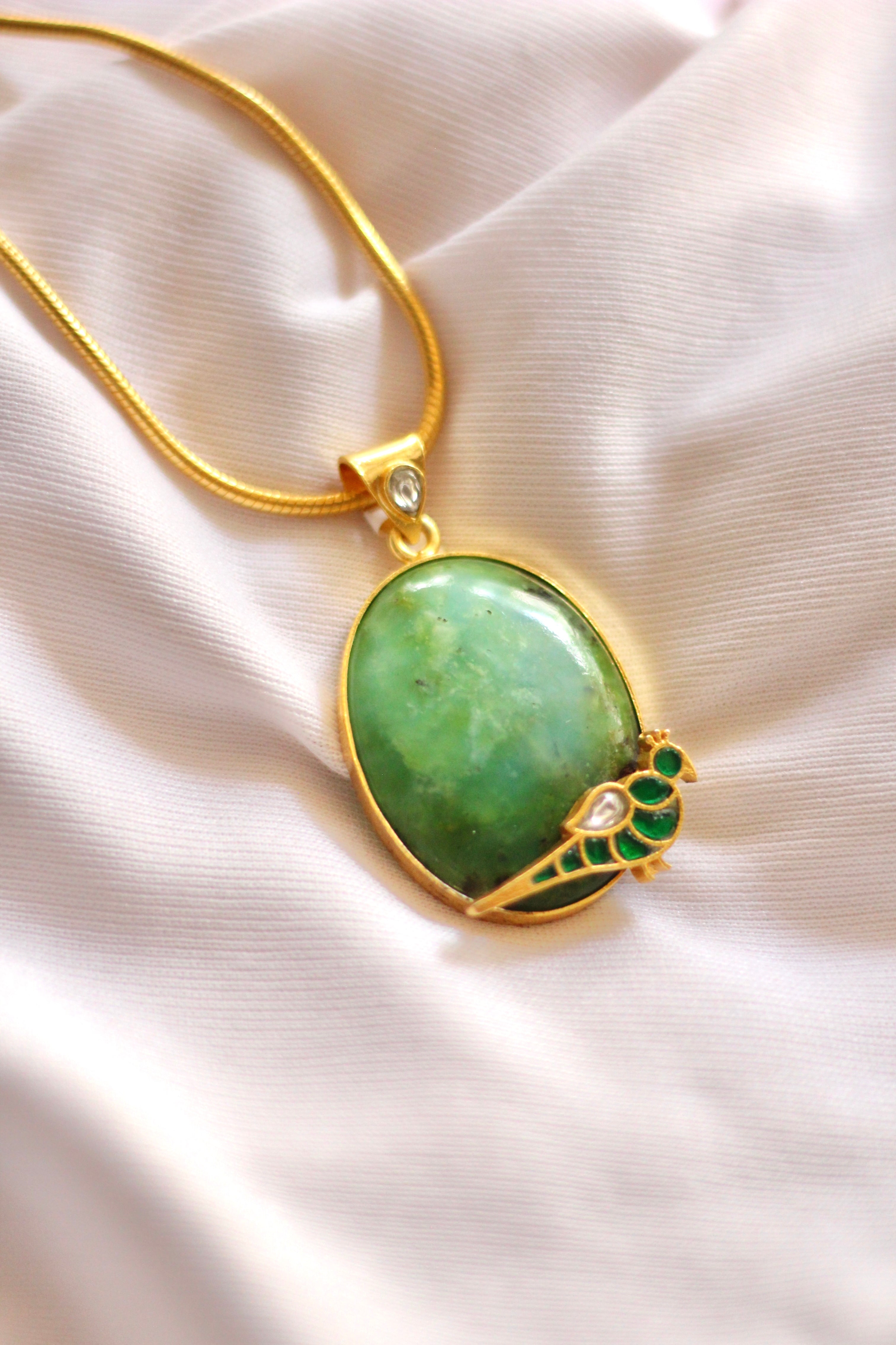 Malini Green Parrot In A Sea of Green Jadau Pendant