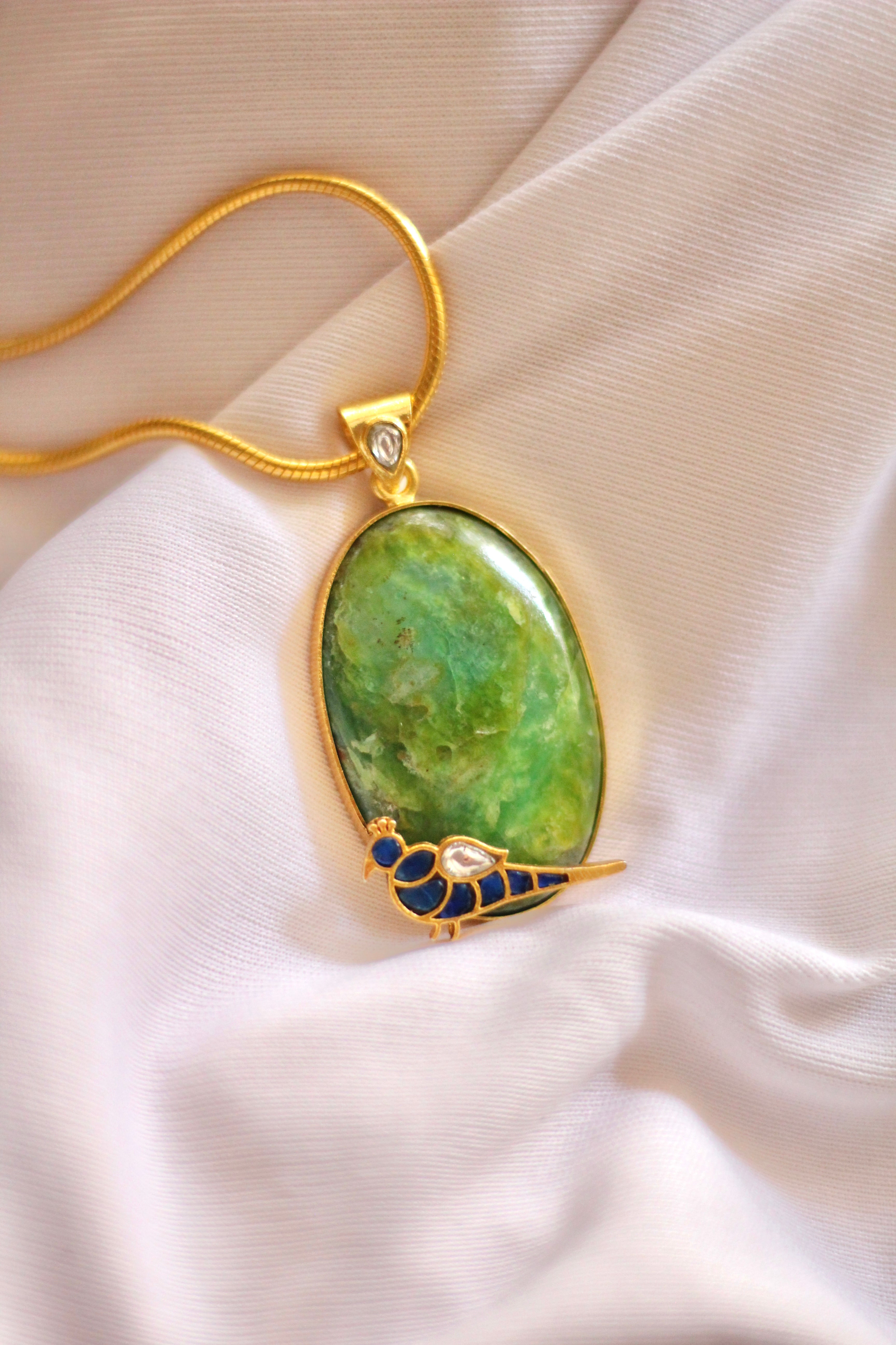 Ananya Blue Parrot In A Sea of Green Jadau Pendant