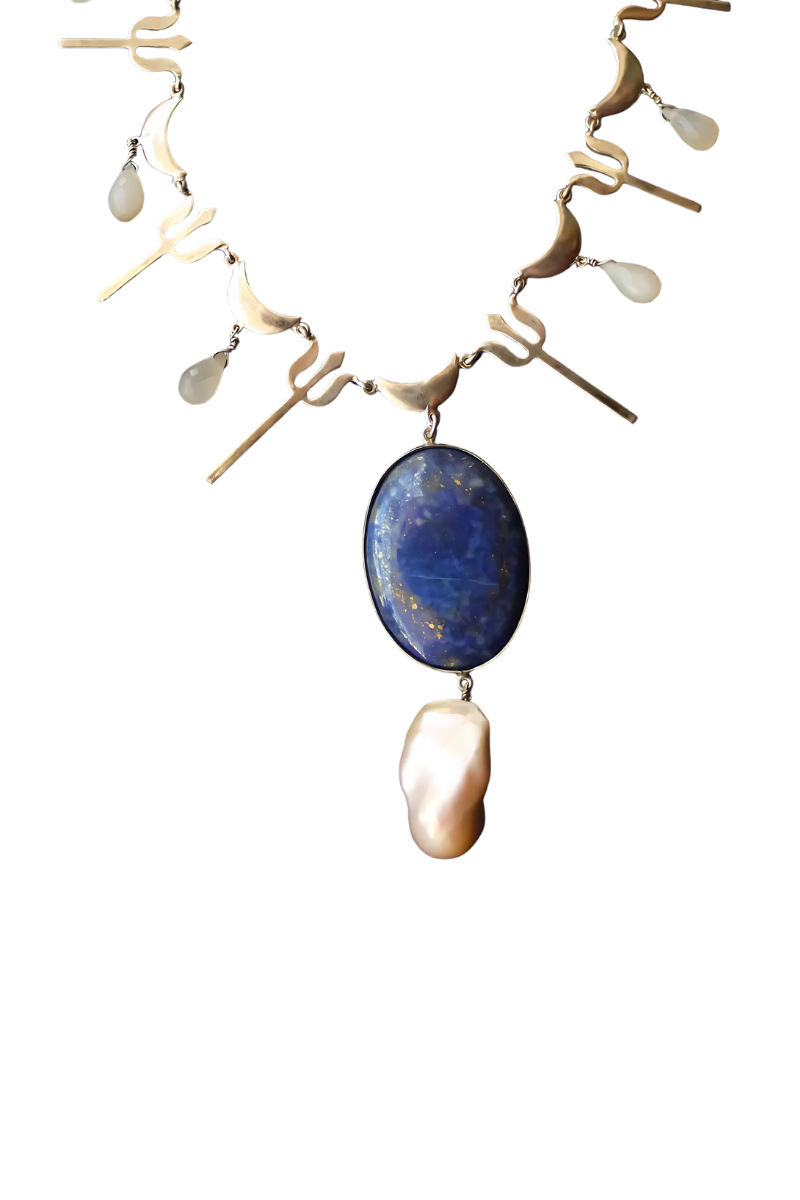 Lapis Lazuli Trishul Moon Pearl Necklace (Silver)