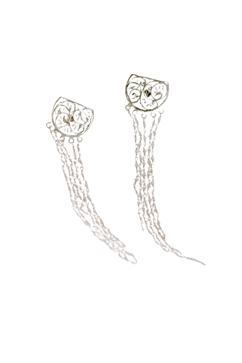 Quarter Moon Filigree Stud With Rice Pearls