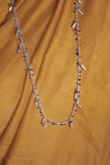 Bheeja Long Necklace with Rice Grains, Crescent Moons & Tourmaline Beads- Silver