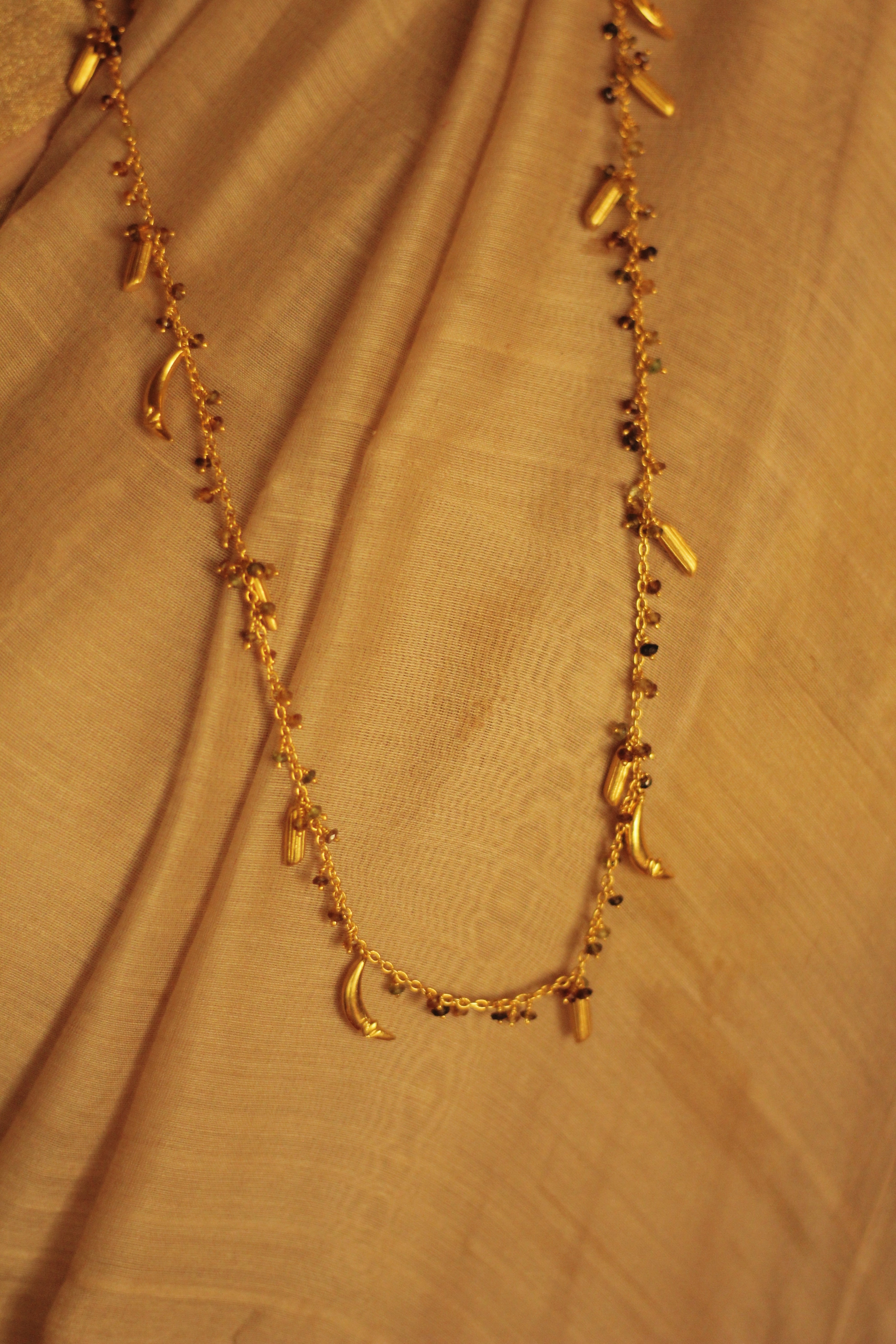 Bheeja Long Necklace with Rice Grains, Crescent Moons & Tourmaline Beads- Gold Plated