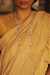 Bheeja Long Necklace with Rice Grains, Crescent Moons & Tourmaline Beads- Silver
