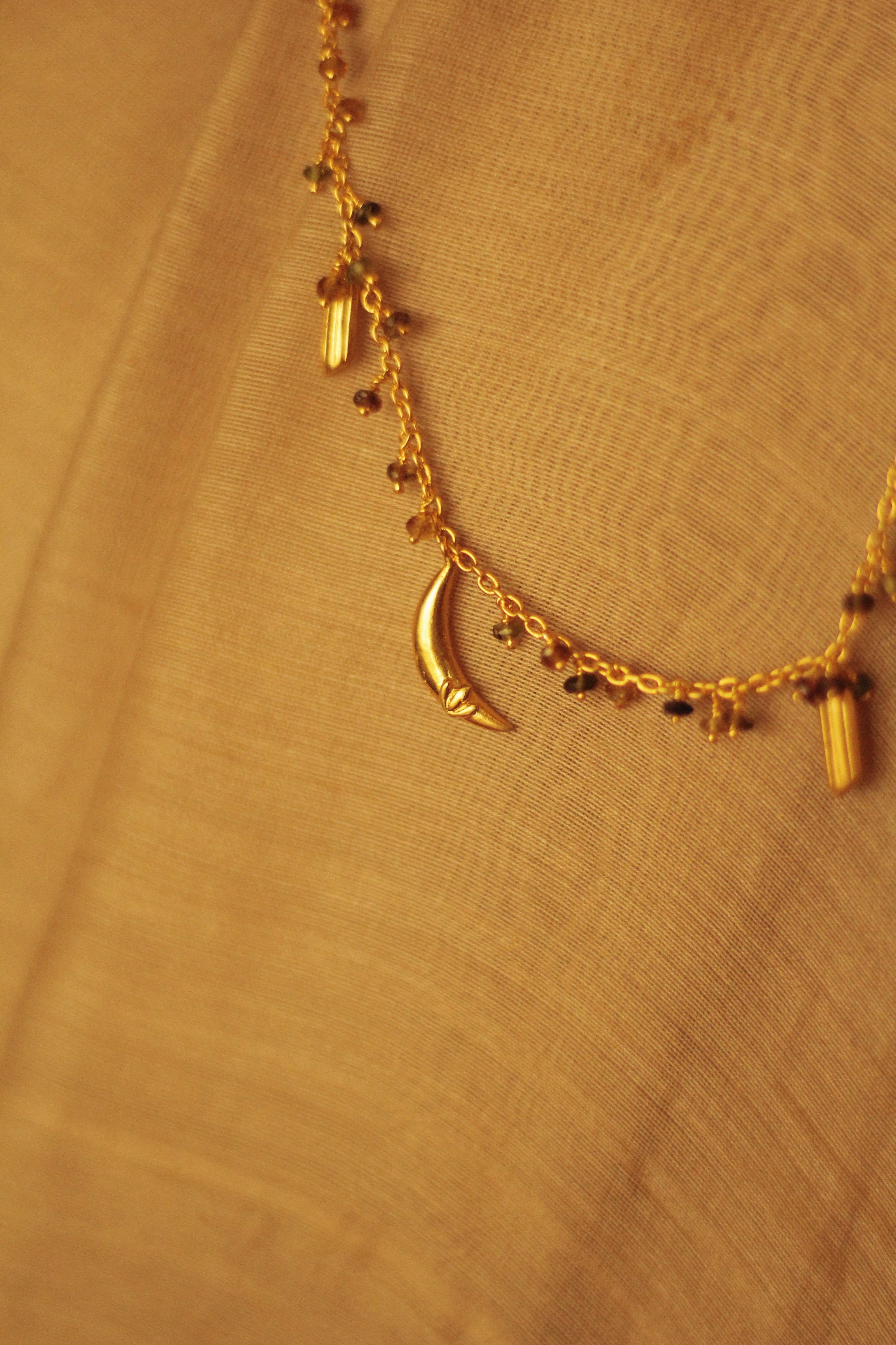 Bheeja Long Necklace with Rice Grains, Crescent Moons & Tourmaline Beads- Gold Plated