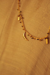 Bheeja Long Necklace with Rice Grains, Crescent Moons & Tourmaline Beads- Gold Plated