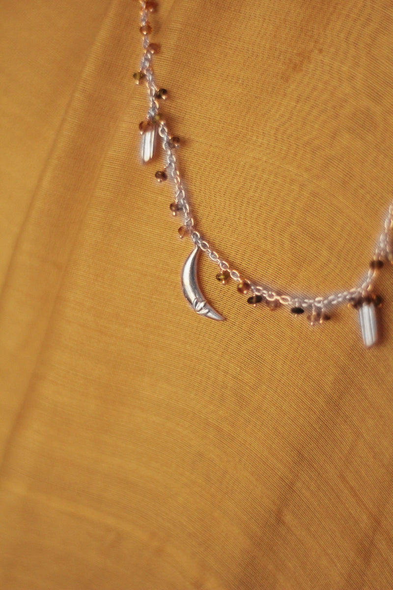 Bheeja Long Necklace with Rice Grains, Crescent Moons & Tourmaline Beads- Silver