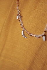 Bheeja Long Necklace with Rice Grains, Crescent Moons & Tourmaline Beads- Silver