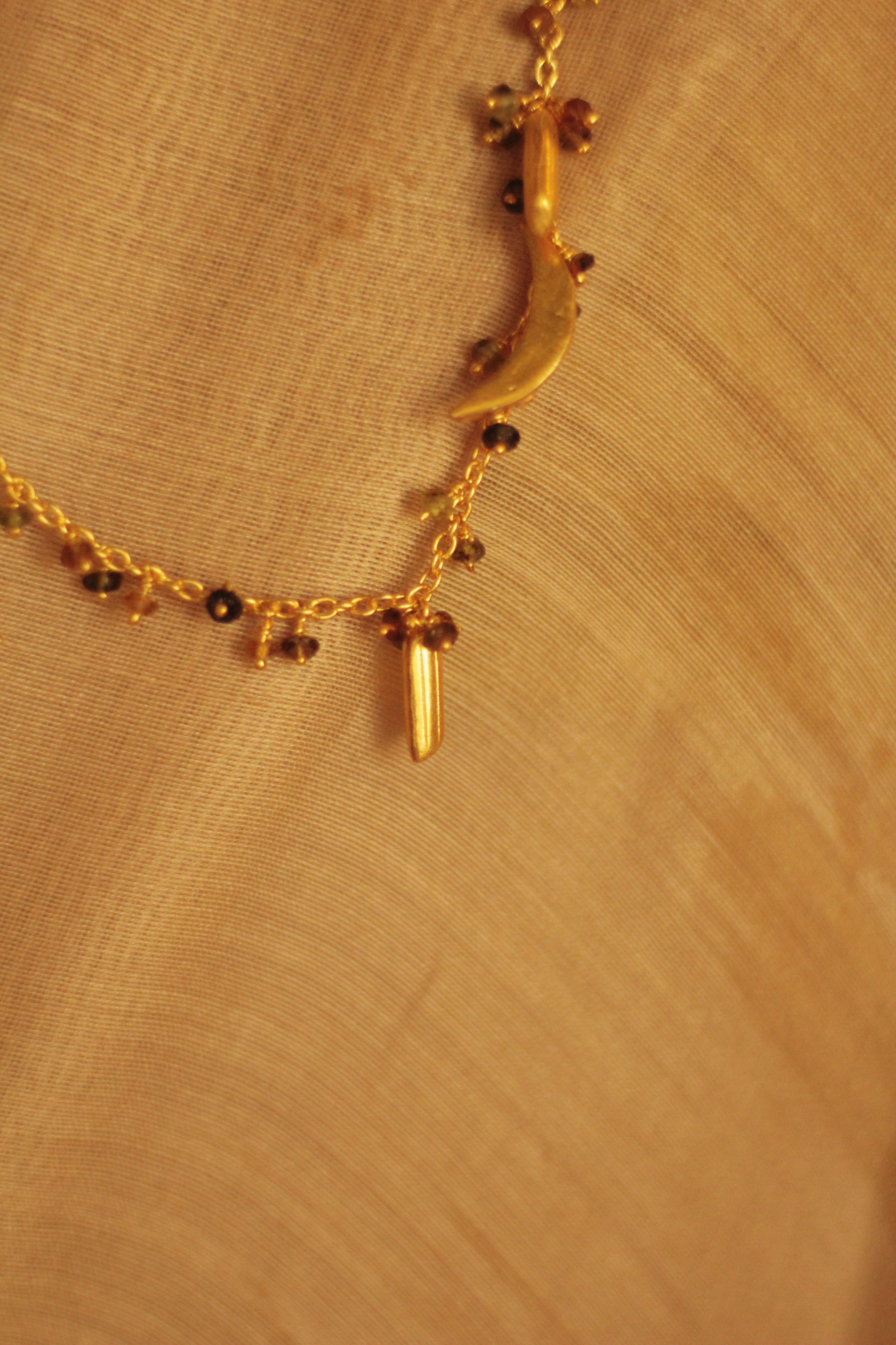 Bheeja Long Necklace with Rice Grains, Crescent Moons & Tourmaline Beads- Gold Plated