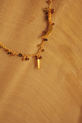 Bheeja Long Necklace with Rice Grains, Crescent Moons & Tourmaline Beads- Gold Plated