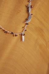 Bheeja Long Necklace with Rice Grains, Crescent Moons & Tourmaline Beads- Silver