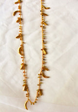 Bheeja Long Necklace with Rice Grains, Crescent Moons & Tourmaline Beads- Gold Plated