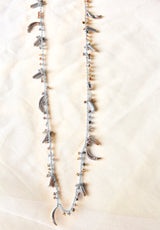 Bheeja Long Necklace with Rice Grains, Crescent Moons & Tourmaline Beads- Silver