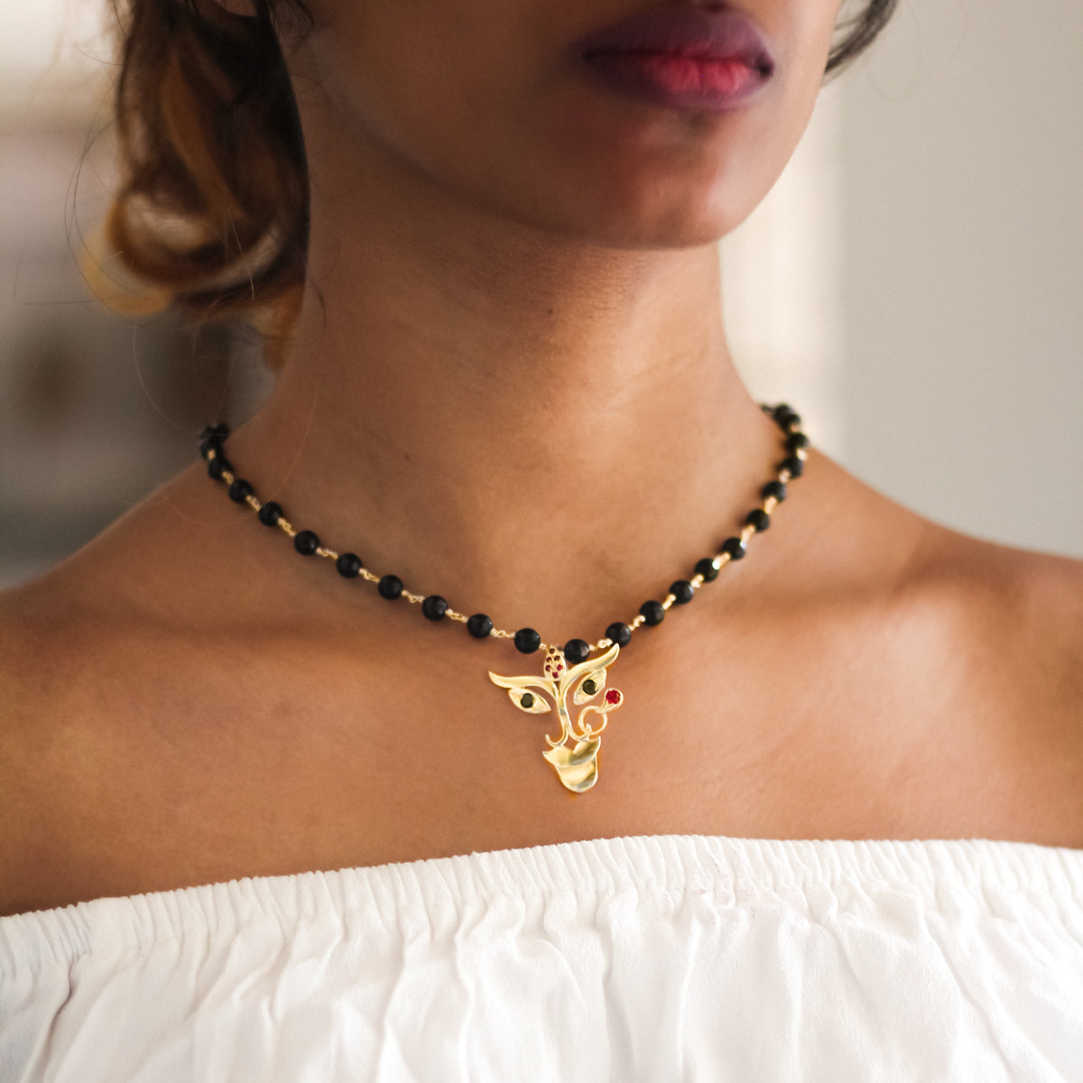 Durga Pendant With Black Onyx Chain (Gold-Plated Small)