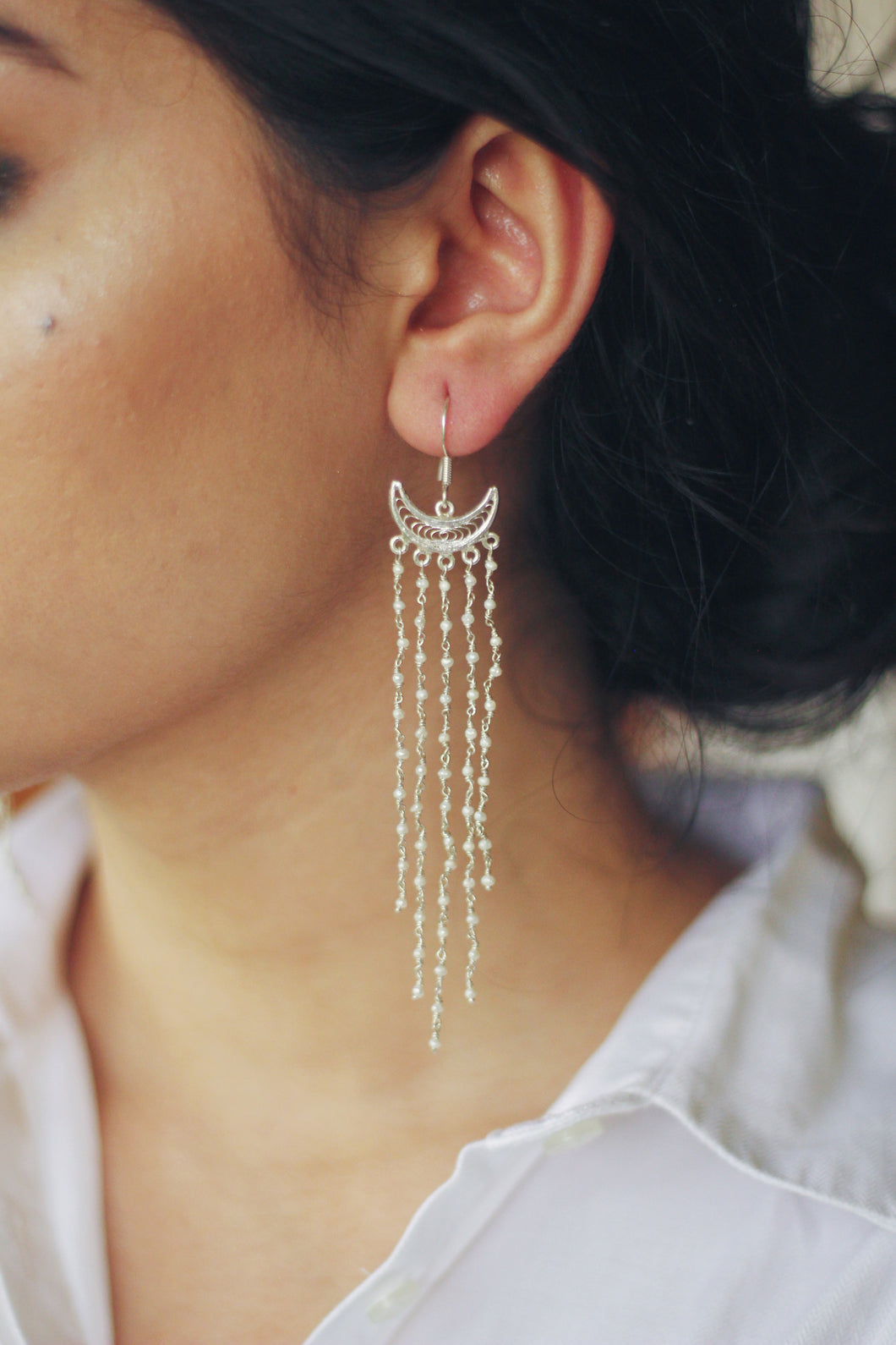 Crescent Filigree Hook Earrings With Rice Pearls