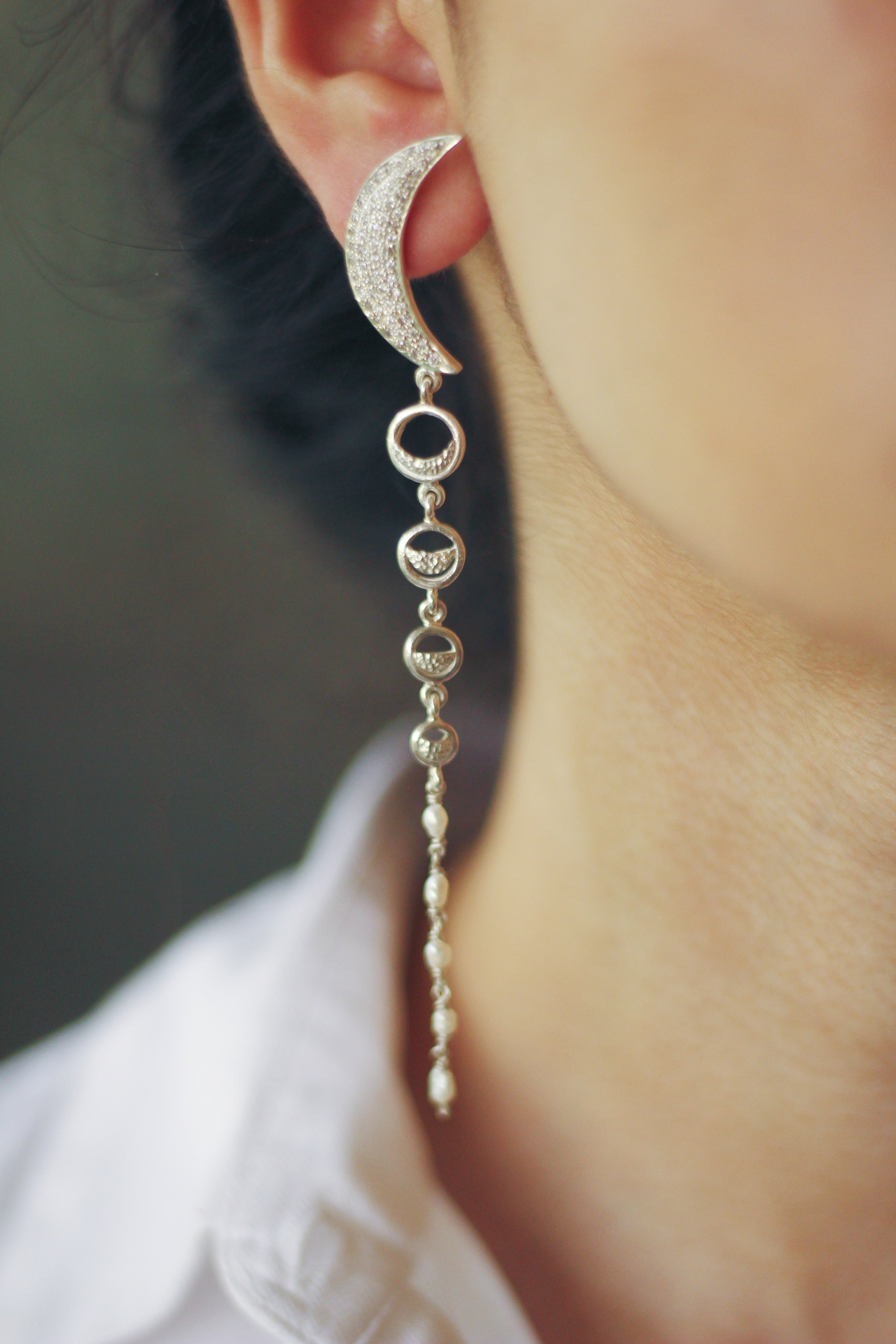 Crescent Stud Phases of the Moon Long Earrings