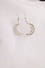Filigree Crescent Hook Earrings With Pearl