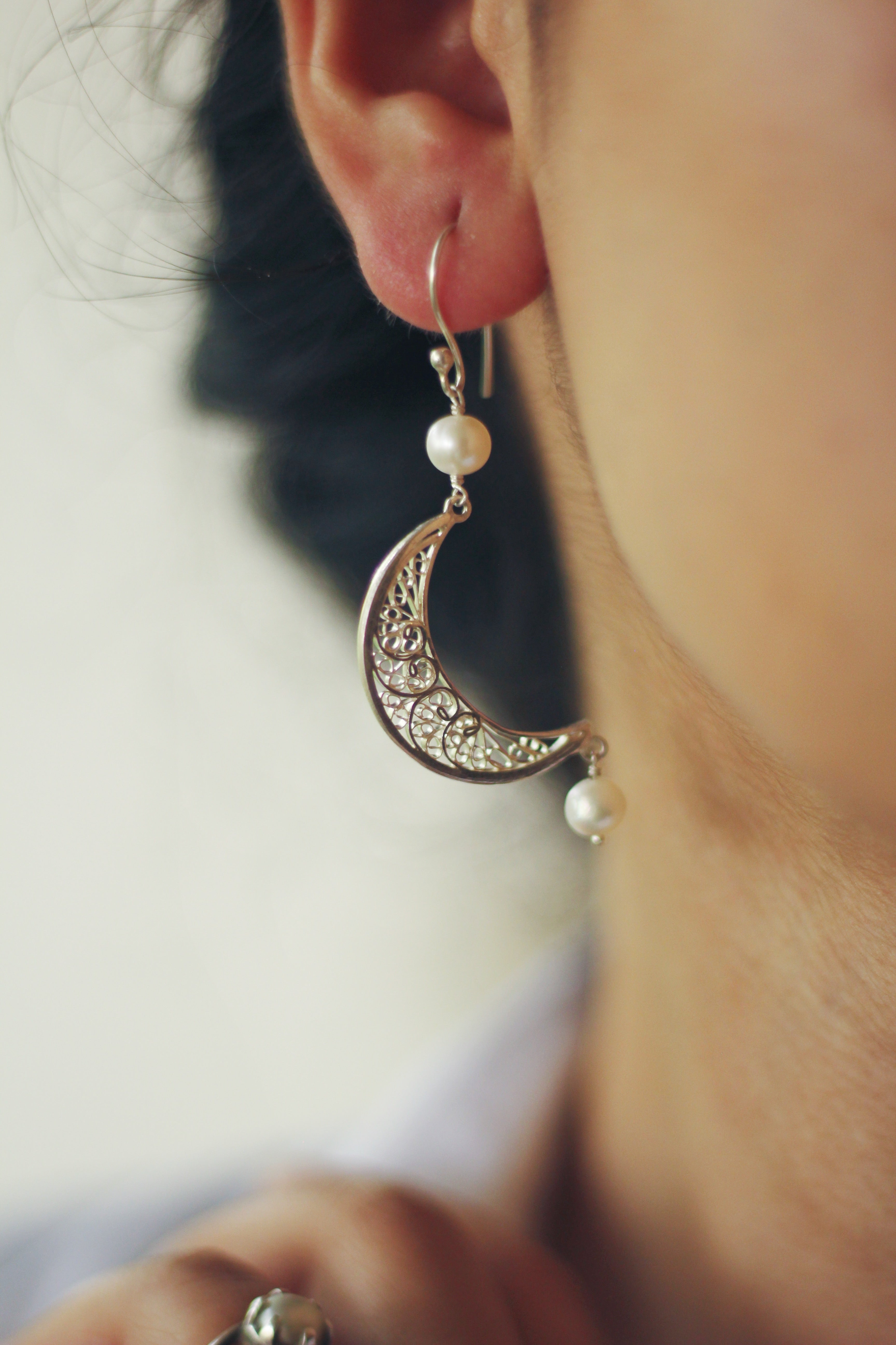 Filigree Crescent Hook Earrings With Pearl