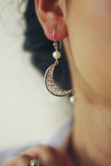 Filigree Crescent Hook Earrings With Pearl