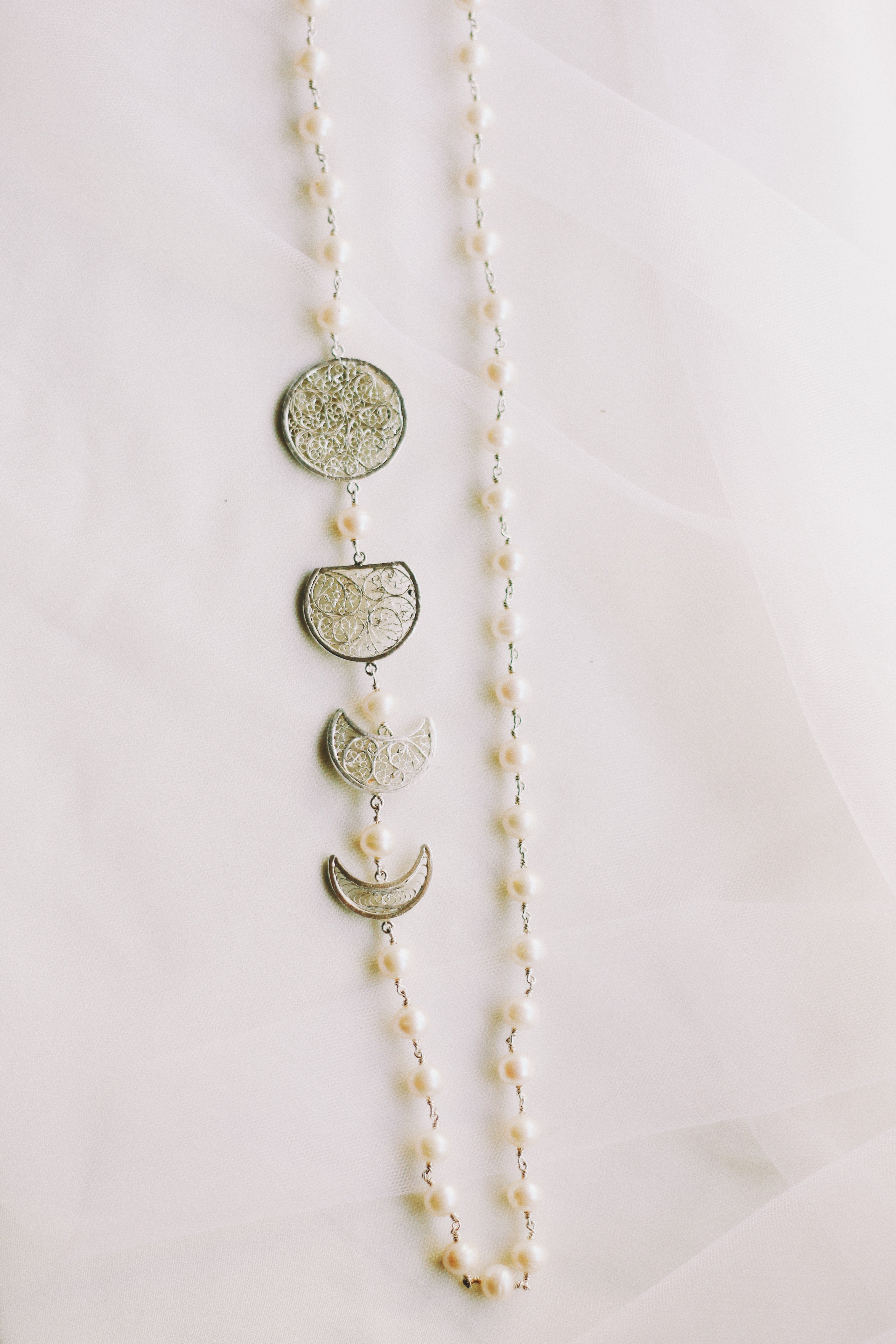 Filigree Phases of the Moon Pearl Necklace