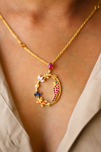 Ruby Goddess Parrot In Circular Arrow With Kamadeva’s 5 Flowers Necklace (Gold-plated)