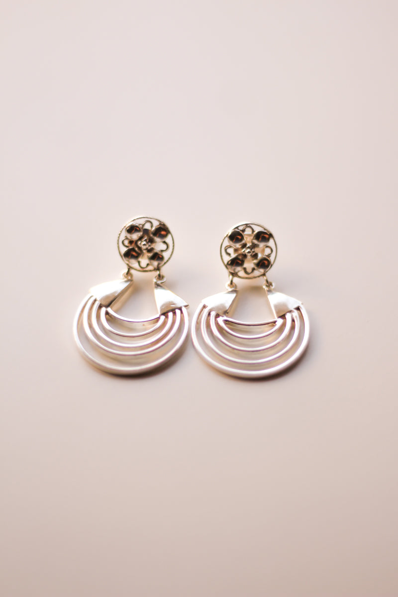 Floral Stud Tri-Layer Bali Earrings (Silver)