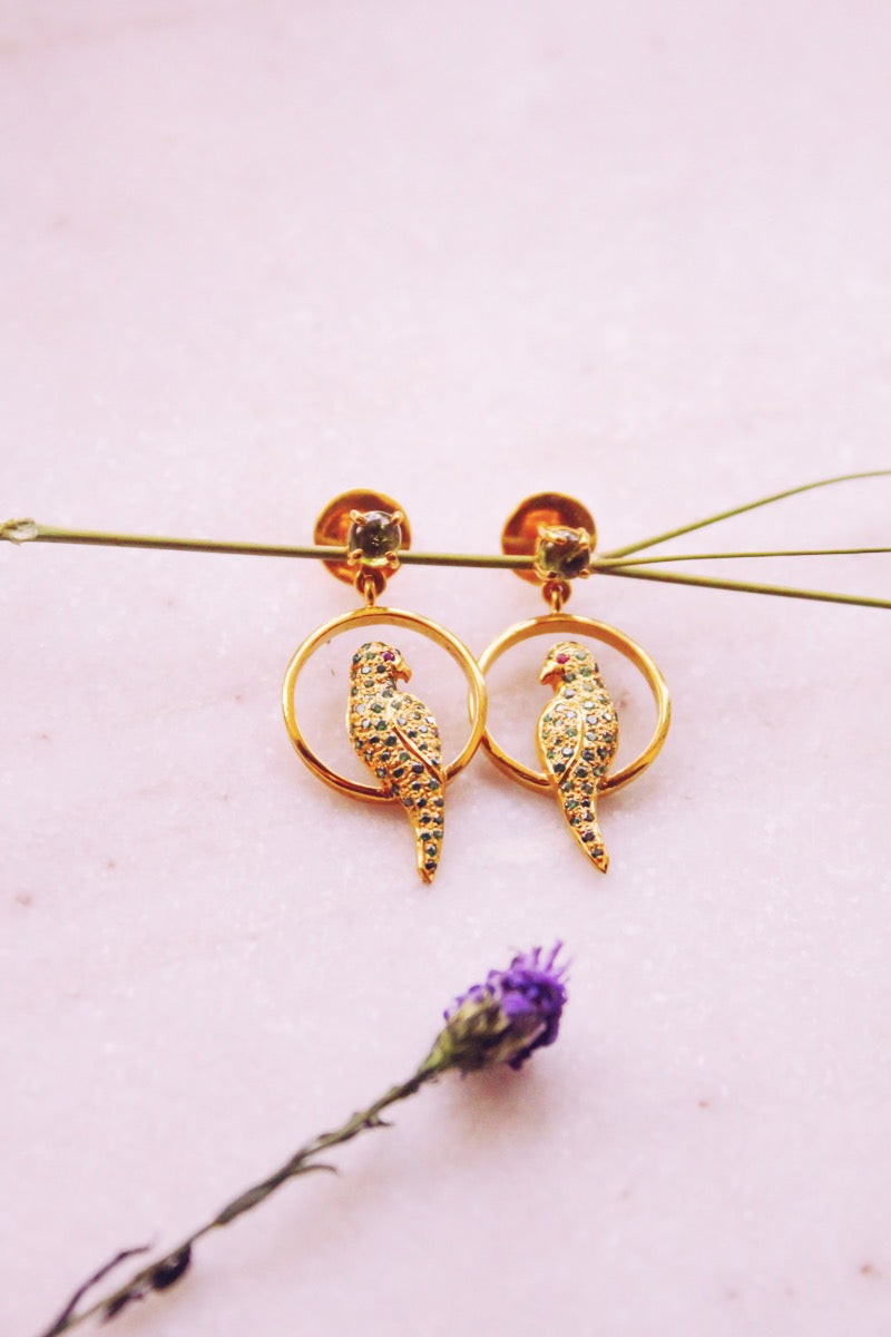 Peridot Studded Parrot Seated In A Swing Stud Earrings (Gold-plated)