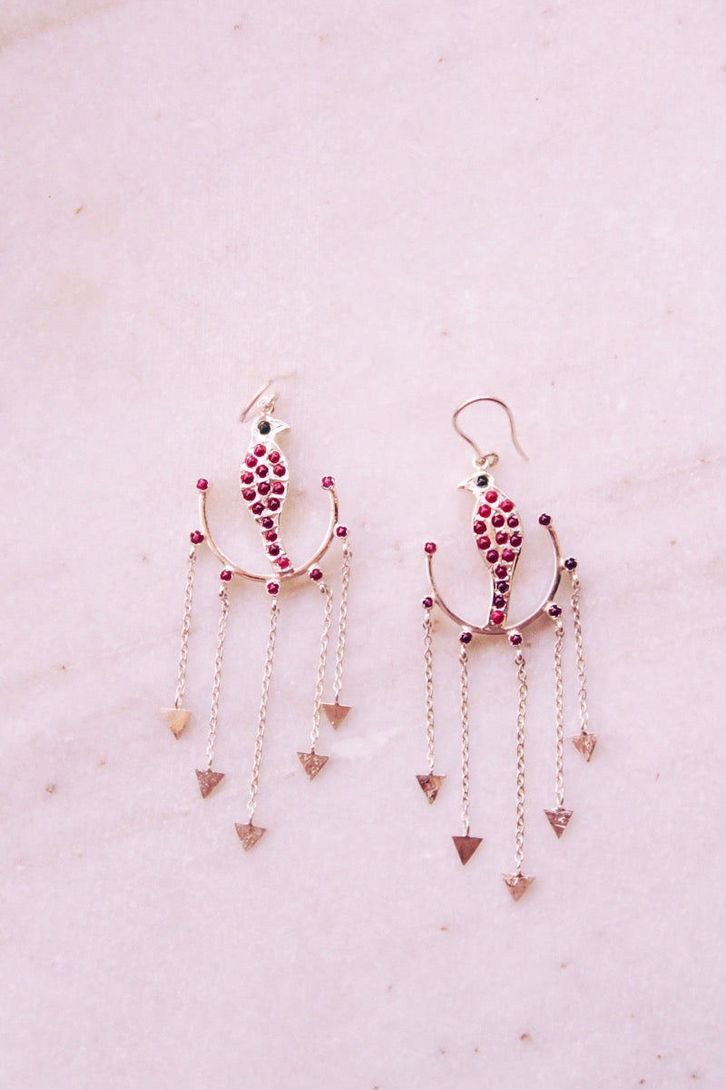 Goddess Parrot In Swing Arrow Chandelier Earrings (Silver)
