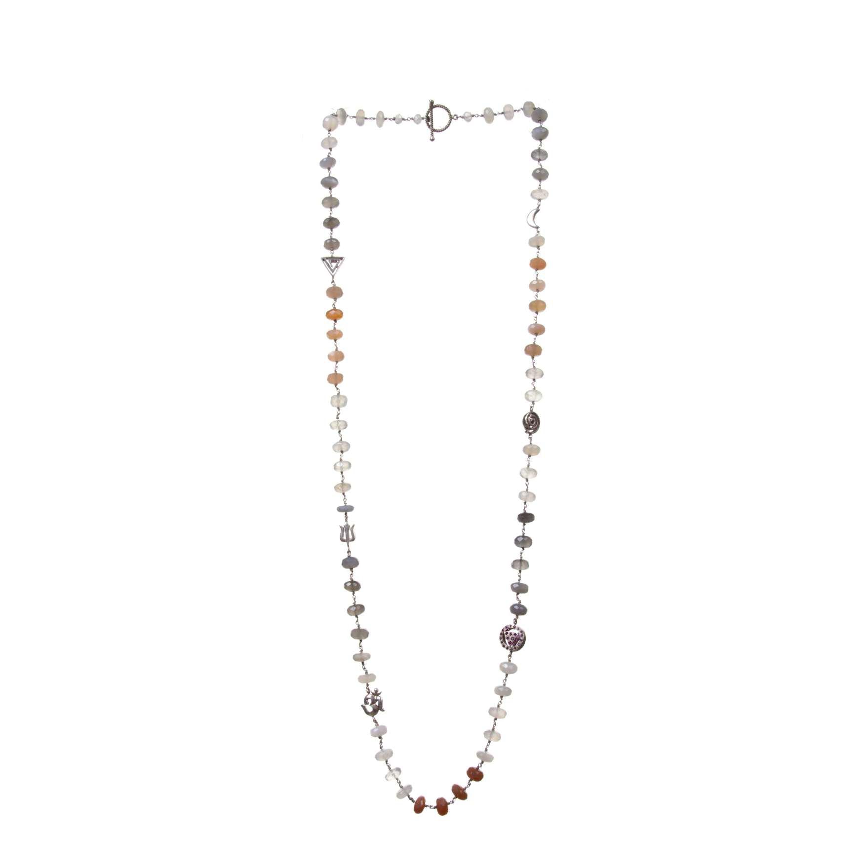 Trishul Om Spiral Devi Necklace In Rubies And Rainbow Moonstone