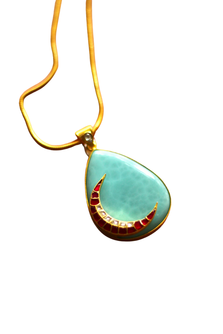 Aanya Pink Jadau Crescent on a Turquoise Drop (Wide) Pendant