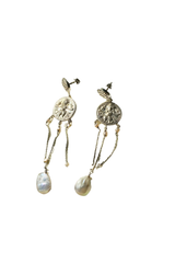 Engraved Coin Baroque Pearl Chandelier Earrings - Silver