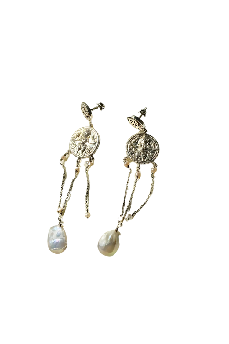 Engraved Coin Baroque Pearl Chandelier Earrings - Silver