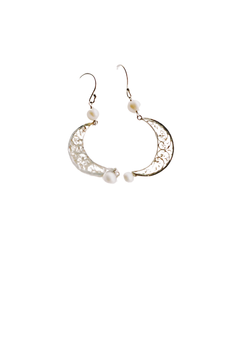 Filigree Crescent Hook Earrings With Pearl