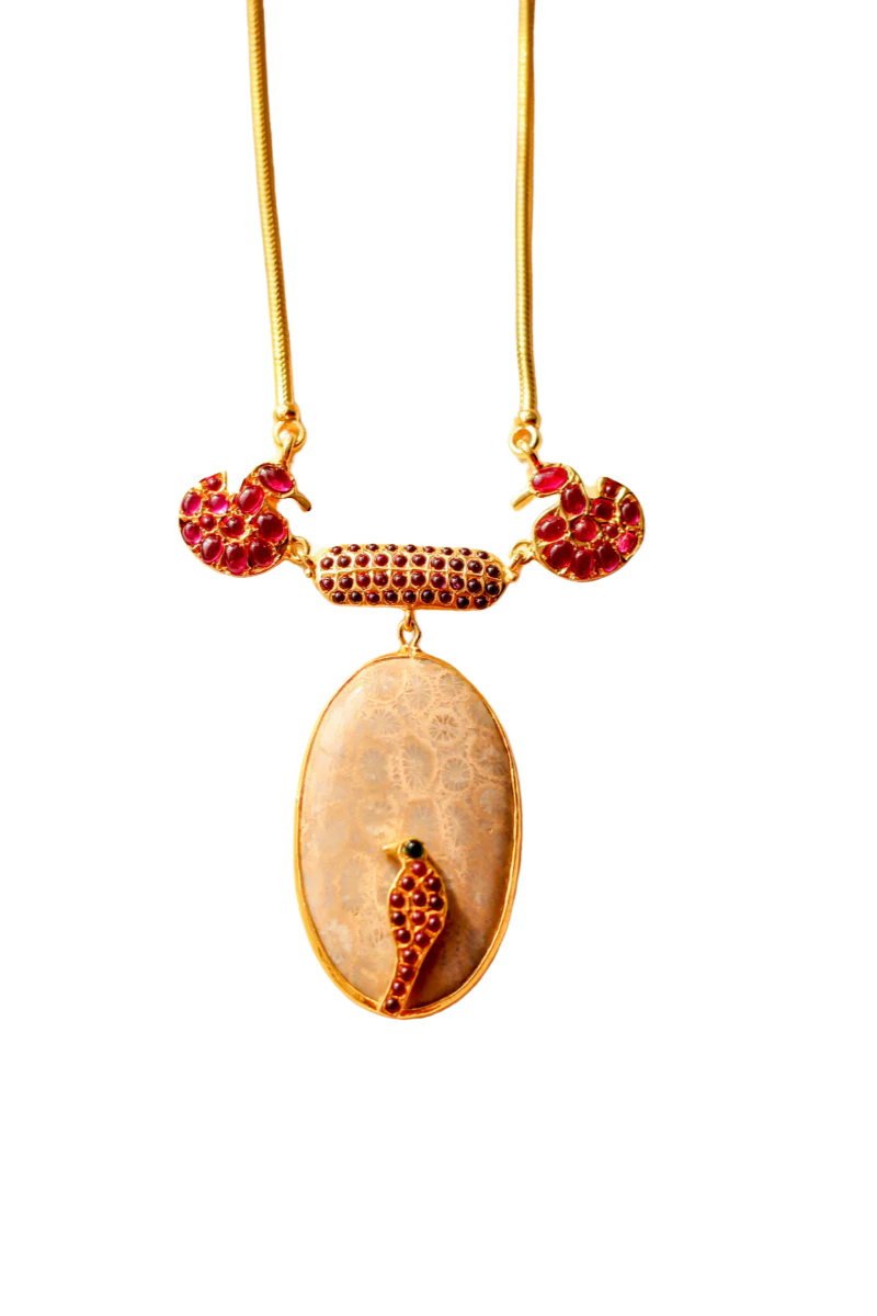 Hamsa Meenakshi Parrot on Fossil Coral Gemstone Necklace (Gold-plated)