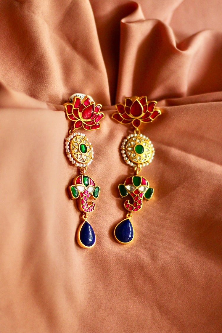 The Gayatri Lotus Ganesha Lapis Jadau Celebration Earrings