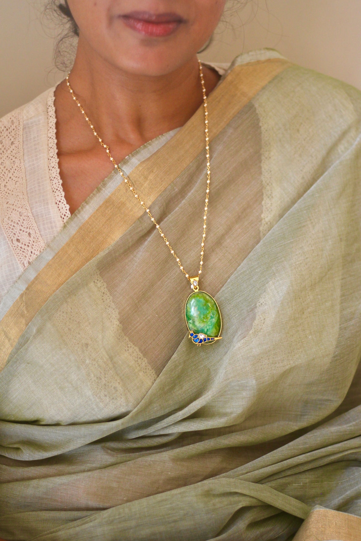 Ananya Blue Parrot In A Sea of Green Jadau Pendant