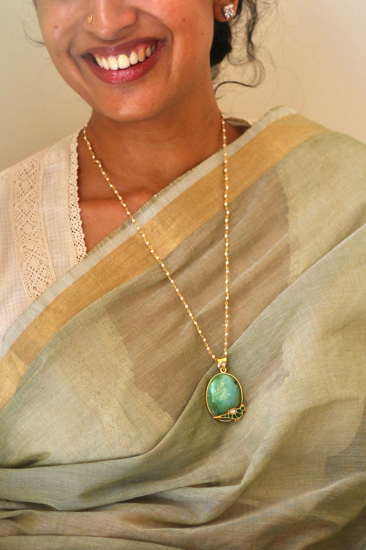 Malini Green Parrot In A Sea of Green Jadau Pendant