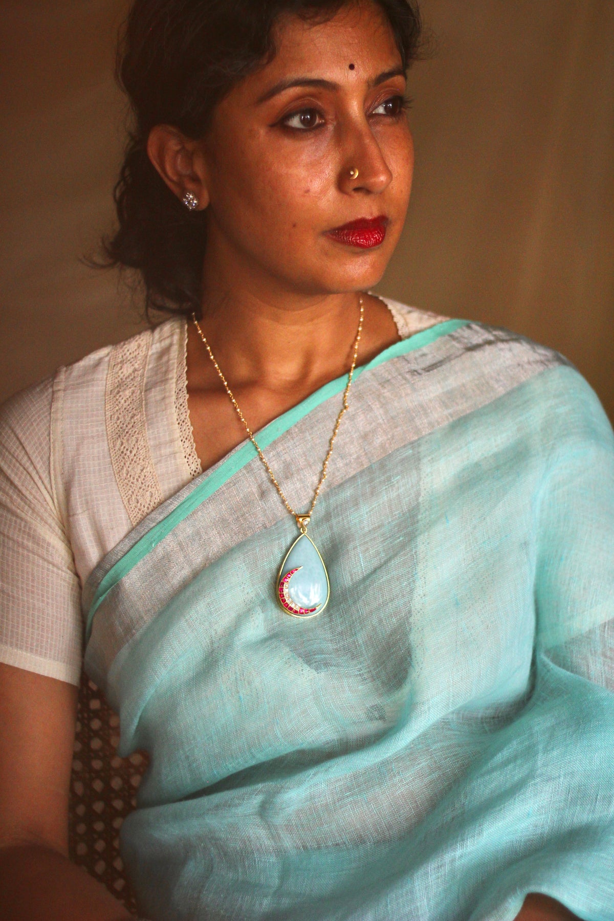 Nandini Pink Jadau Crescent on an Turquoise Droplet Pendant