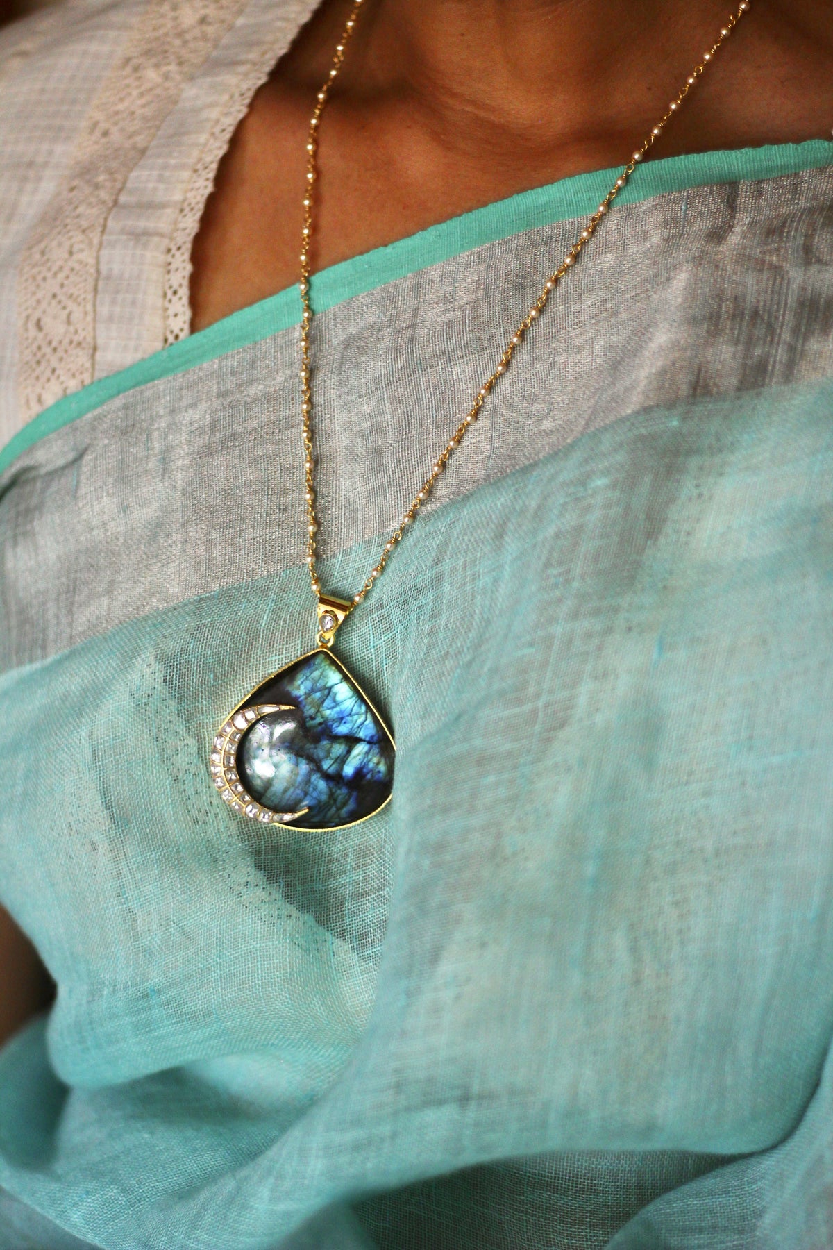 Kamini Jadau Crescent on a Labradorite Drop Pendant