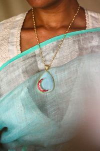 Aanya Pink Jadau Crescent on a Turquoise Drop (Wide) Pendant