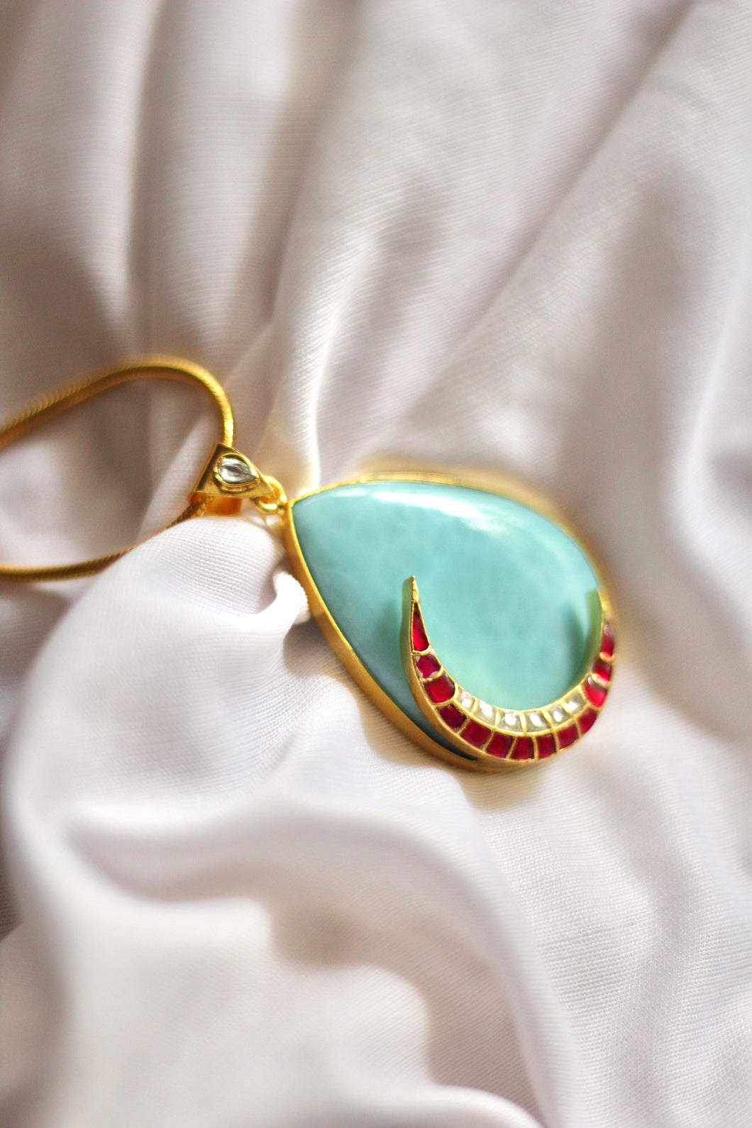 Aanya Pink Jadau Crescent on a Turquoise Drop (Wide) Pendant