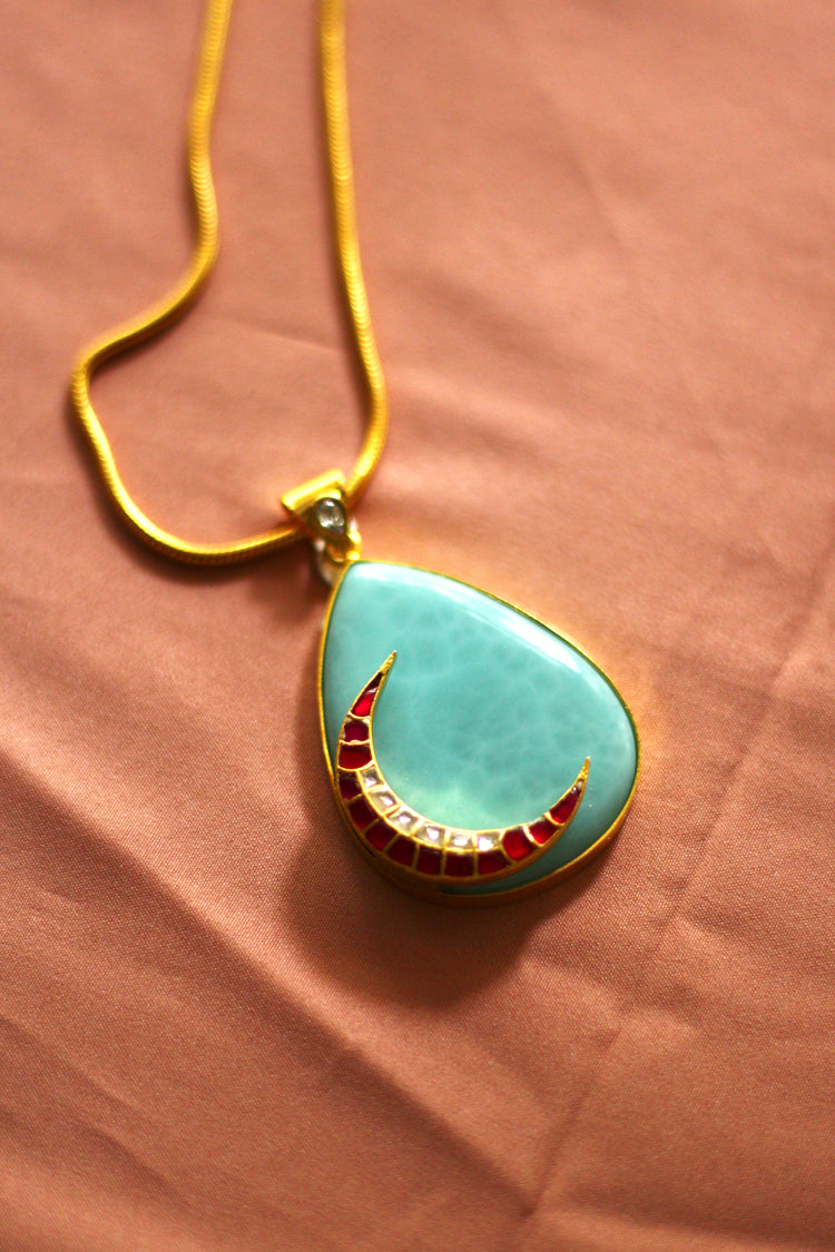Aanya Pink Jadau Crescent on a Turquoise Drop (Wide) Pendant
