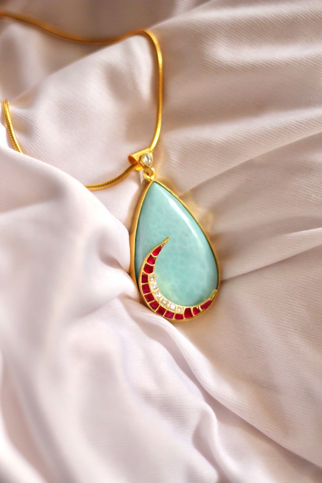 Nandini Pink Jadau Crescent on an Turquoise Droplet Pendant