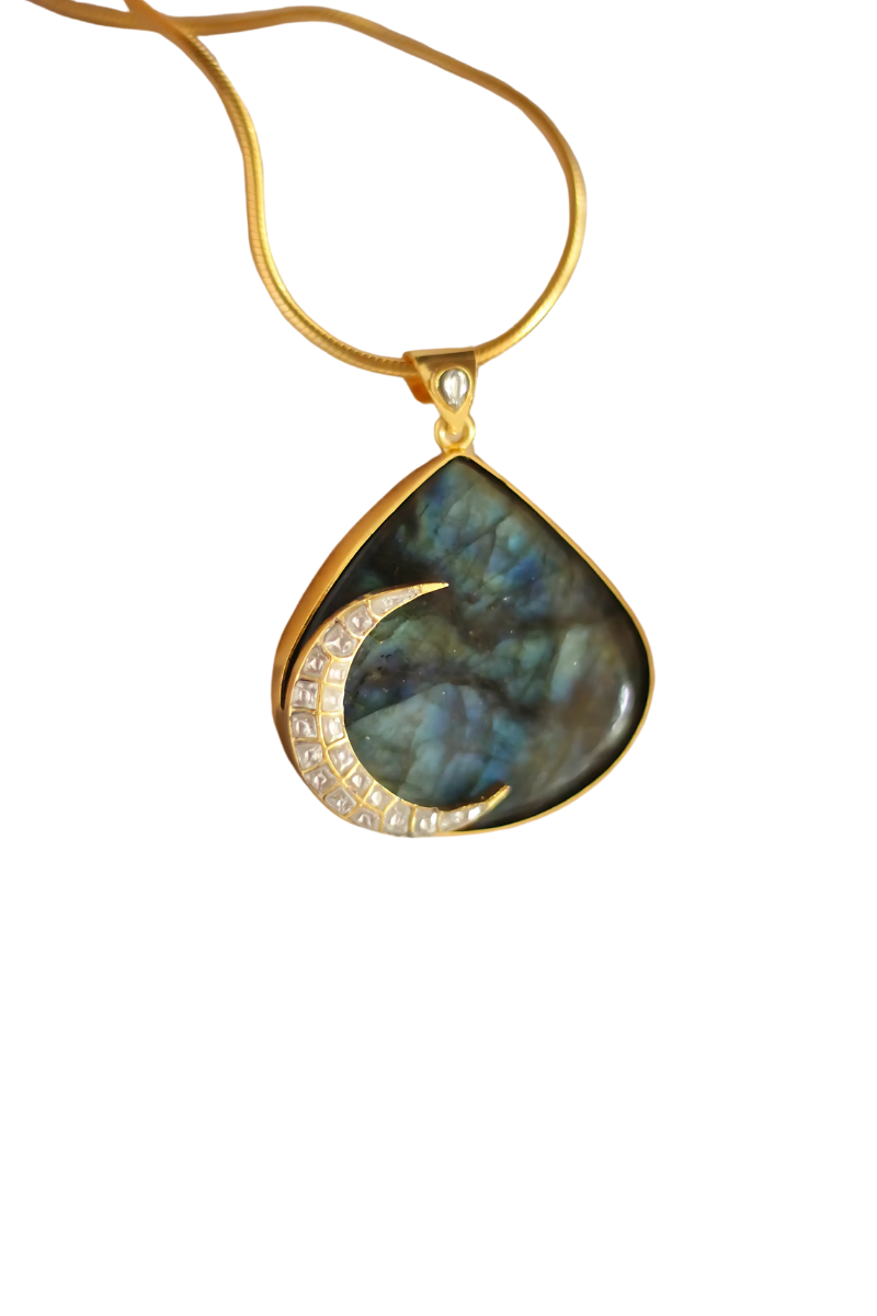 Kamini Jadau Crescent on a Labradorite Drop Pendant
