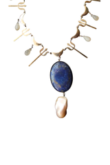 Lapis Lazuli Trishul Moon Pearl Necklace (Silver)
